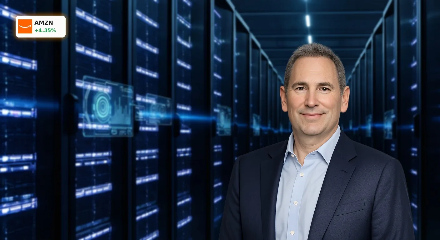 Futuristisches Rechenzentrum mit leuchtenden Server-Racks, symbolisiert Amazons AWS und KI-Investitionen in den Amazon Quartalszahlen.