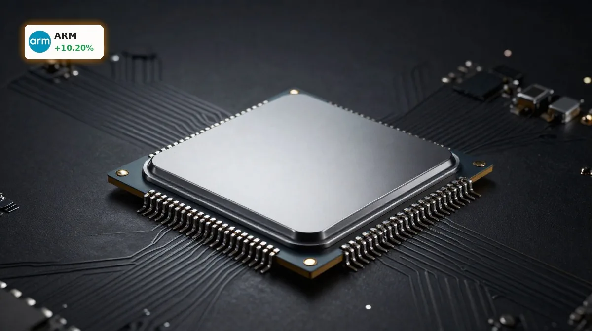 Arm Holdings Rekordlauf: KI-Halbleiterchip auf dunklem Hintergrund als Symbol fuer Chip-Rallye und Nachfrageboom