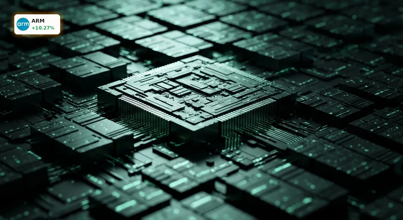 Arm Holdings Quartal mit +10% Kursplus: KI-Boom treibt Rekord-Ergebnisse 4 Nahaufnahme einer futuristischen, leuchtenden Silizium-Wafer oder Mikrochip-Architektur, symbolisiert das Arm Holdings Quartal.