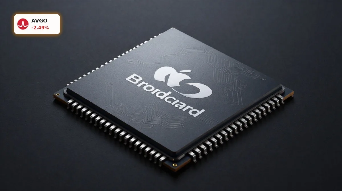 Broadcom Apple Vertrag: Schock trotz Kursrutsch von 2,5% 5 Broadcom Apple Vertrag: ASIC-Chip für Apple Funk-, WLAN- und KI-Infrastruktur auf dunklem Hintergrund