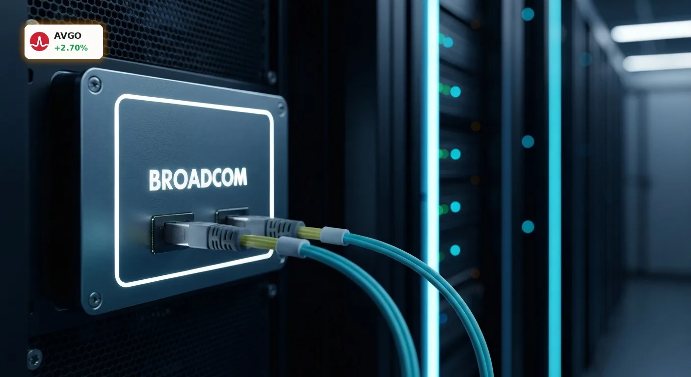 Broadcom Quartalszahlen: KI-Boom treibt die Aktie um 2,7% nach oben 14 Broadcom Quartalszahlen zeigen massives KI-Wachstum: Hochmoderner Broadcom-Chip im Einsatz in einem Server.