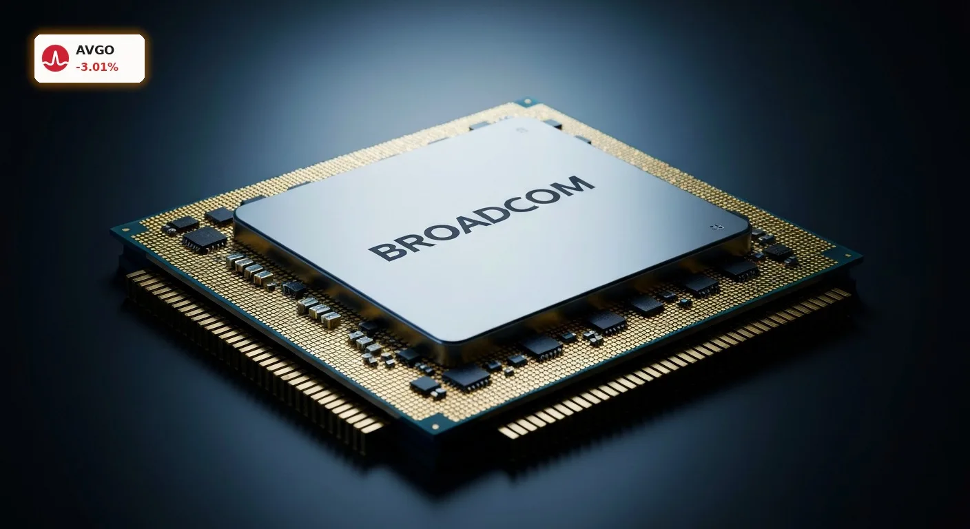 Broadcom Quartal enttäuscht mit -3%: KI-Boom reicht nicht aus 13 Ein hochmoderner Broadcom KI-Chip nach dem aktuellen Broadcom Quartal im eleganten, dunklen Studio-Licht.