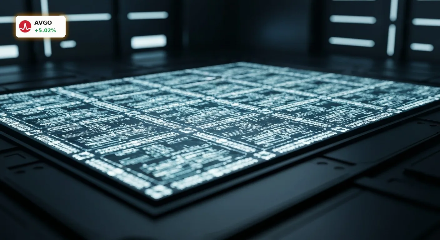 Nahaufnahme eines leuchtenden Silizium-Wafers mit komplexen Schaltungen, der Broadcom KI-Technologie symbolisiert.
