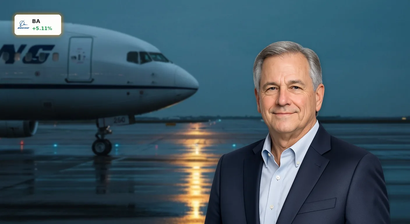 Modernes Boeing-Flugzeug auf nasser Landebahn nach den starken Boeing Quartalszahlen.