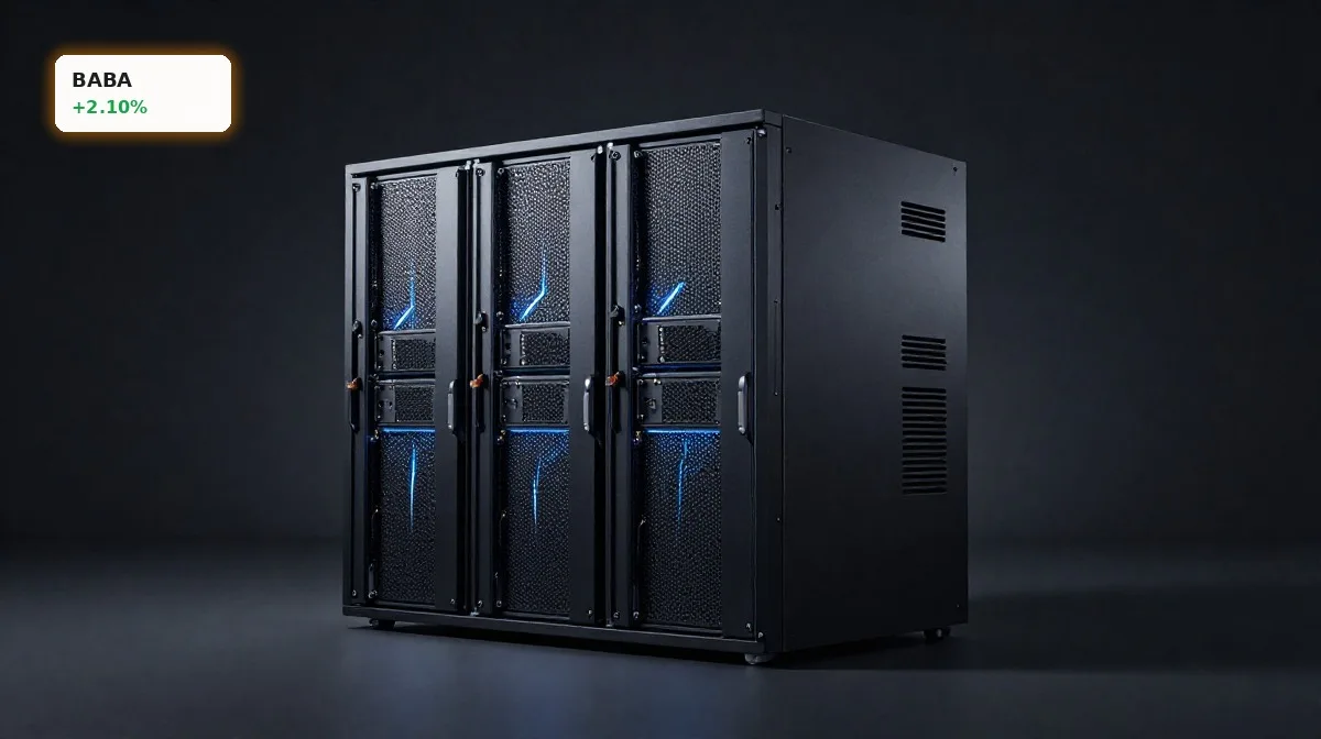 Alibaba KI-Cloud mit premium Server-Hardware und moderner Rechenzentrums-Infrastruktur im dunklen Hightech-Setting