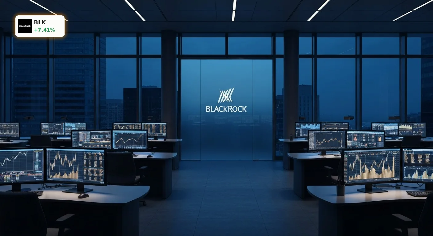 Moderner Trading-Floor passend zu den BlackRock Quartalszahlen mit Finanzdaten auf Bildschirmen vor einer Skyline.