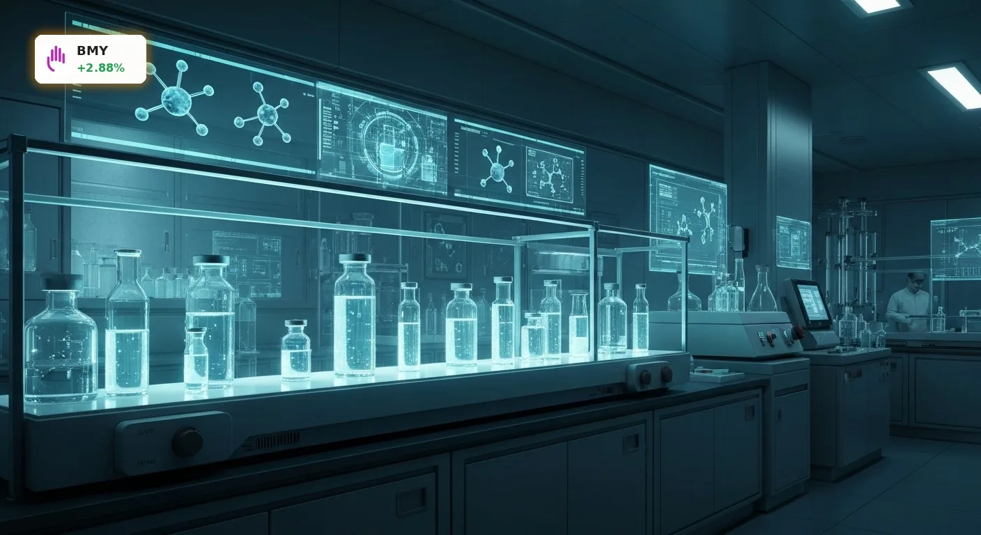 Modernes pharmazeutisches Labor mit leuchtenden Reagenzgläsern und High-Tech-Ausrüstung, symbolisiert Bristol-Myers Squibb Quartal.