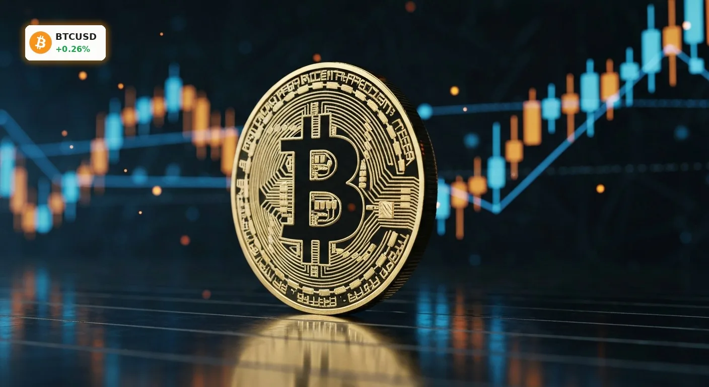 Ein leuchtendes Bitcoin-Symbol steht stabil inmitten von digitalen Finanzdaten auf dem volatilen Bitcoin Markt.