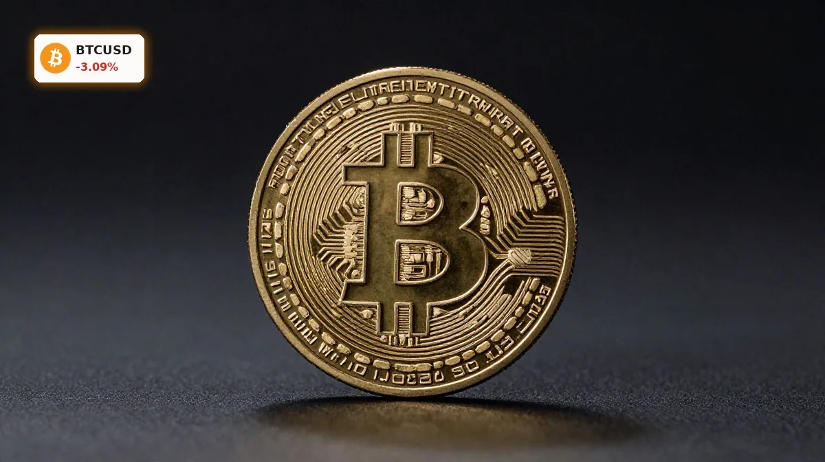 Bitcoin Marktanalyse: Crash auf $61.7k trotz ETF-Stütze 4 Bitcoin Marktanalyse mit physischer BTC-Münze auf dunklem Hintergrund, Fokus auf Kursdruck und ETF-Stütze