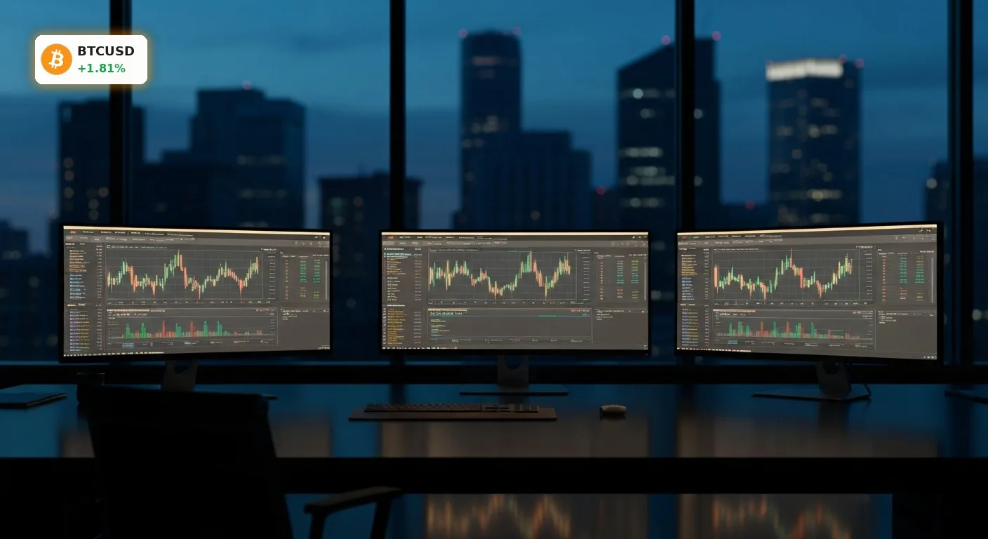 Bitcoin Kurs steigt um +1,8%: Rallye knackt die 66.000-USD-Marke 3 Ein moderner Trading-Desk zeigt Daten zum Bitcoin Kurs auf Bildschirmen vor einer nächtlichen Skyline.