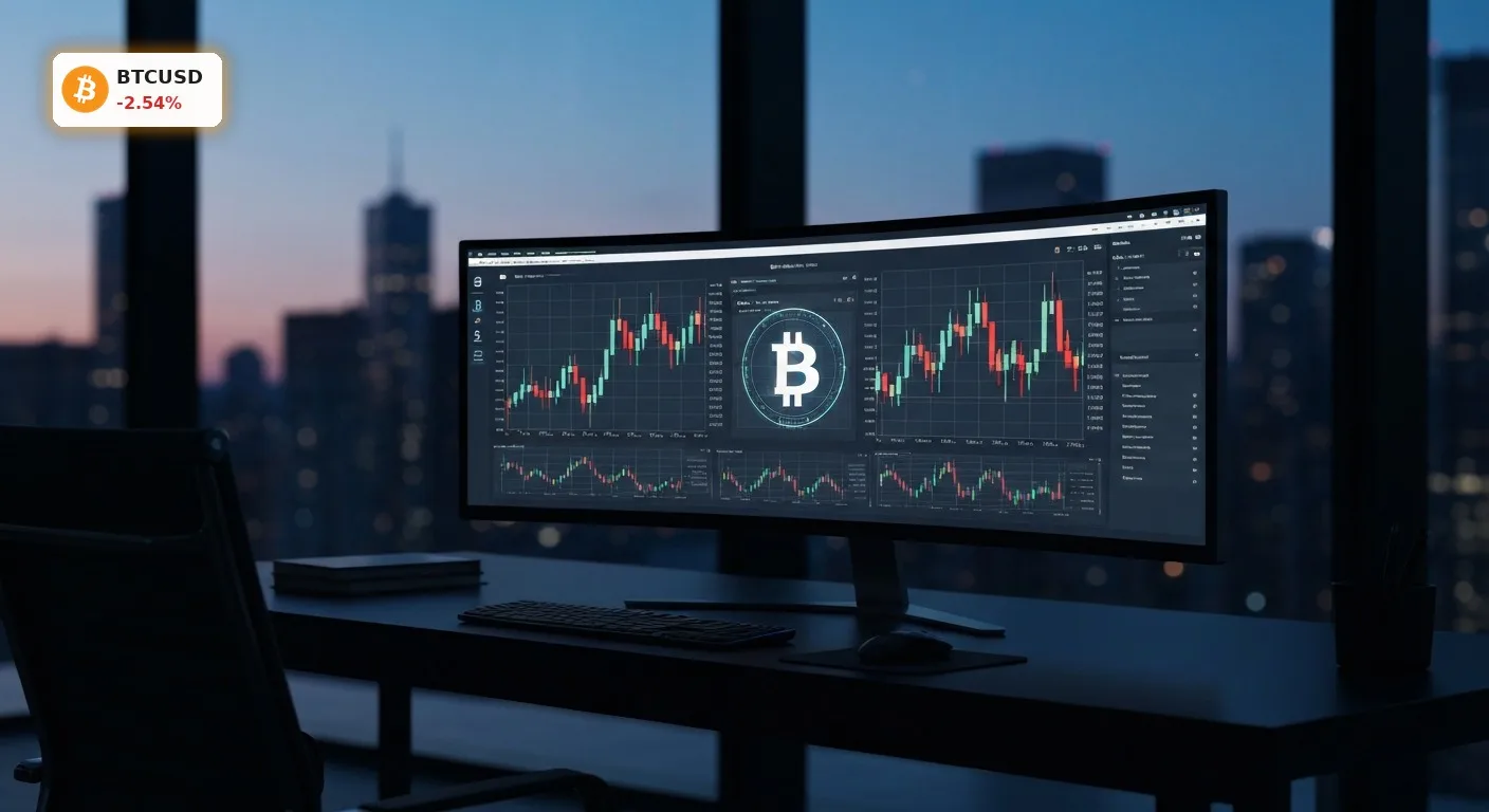 Professioneller Trading-Desk mit Kursdaten und Krypto-Charts für den Handel von Bitcoin Perpetual Futures.