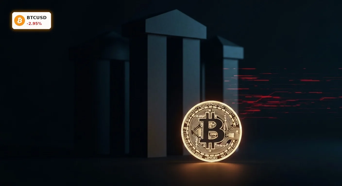 Abstrakte Darstellung von Bitcoin Nachrichten: Eine leicht gesprungene Bitcoin-Münze vor angedeuteten Regulierungssäulen und roten Störlinien.