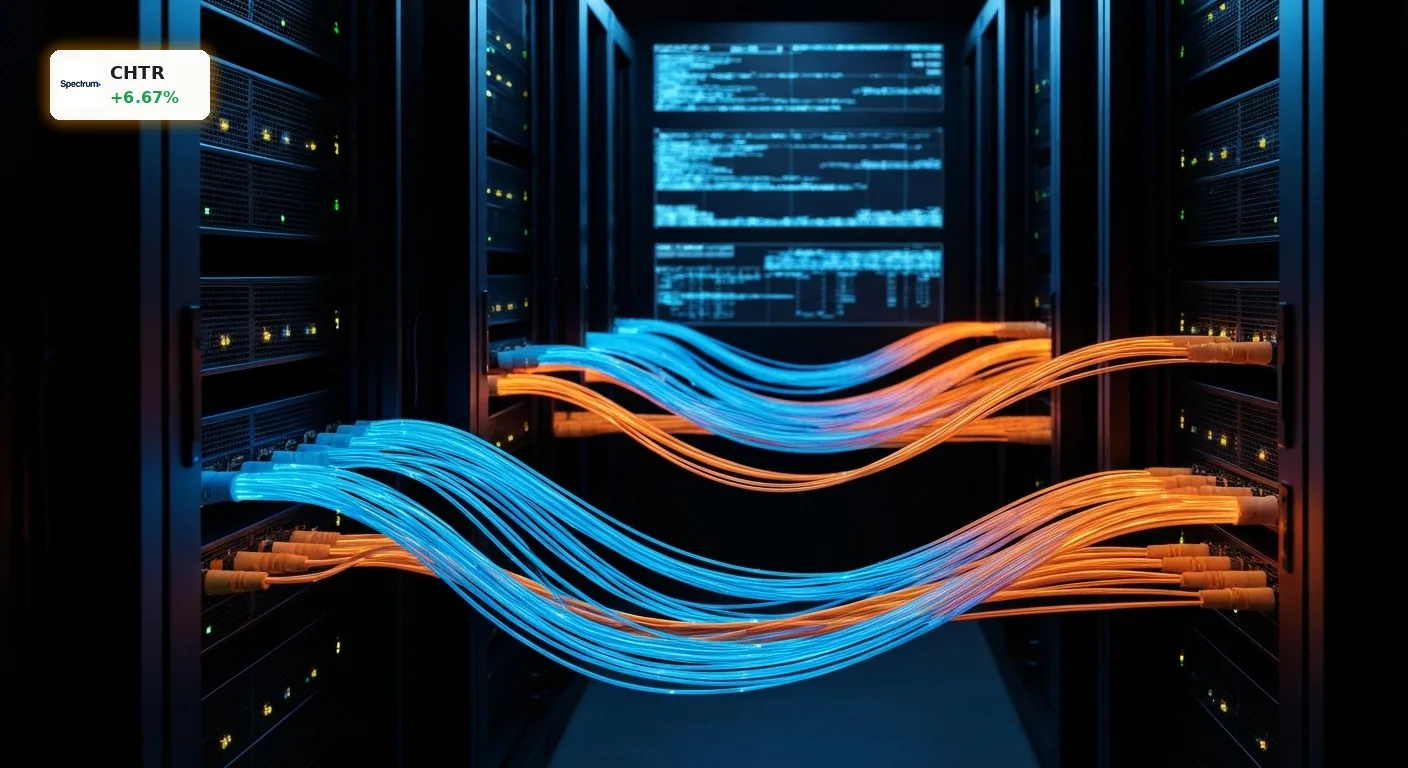 Charter Communications Analyse: Moderne Server-Infrastruktur mit leuchtenden Glasfaserkabeln zur Datenübertragung.