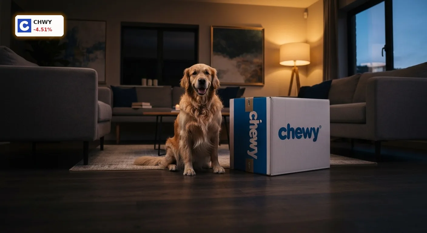 Chewy Quartal bringt -4.5% Kursrutsch: Einbruch oder Kaufchance? 2 Ein Hund neben einem blauen Chewy-Versandkarton nach dem starken Chewy Quartal