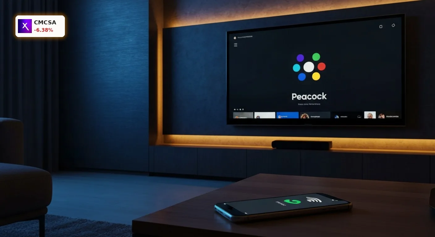Comcast Quartal schockt mit -6,4%: Peacock-Rekord reicht nicht 3 Ein smarter Fernseher zeigt die Peacock App in einem Wohnzimmer und steht für das Comcast Quartal und den Streaming-Erfolg.