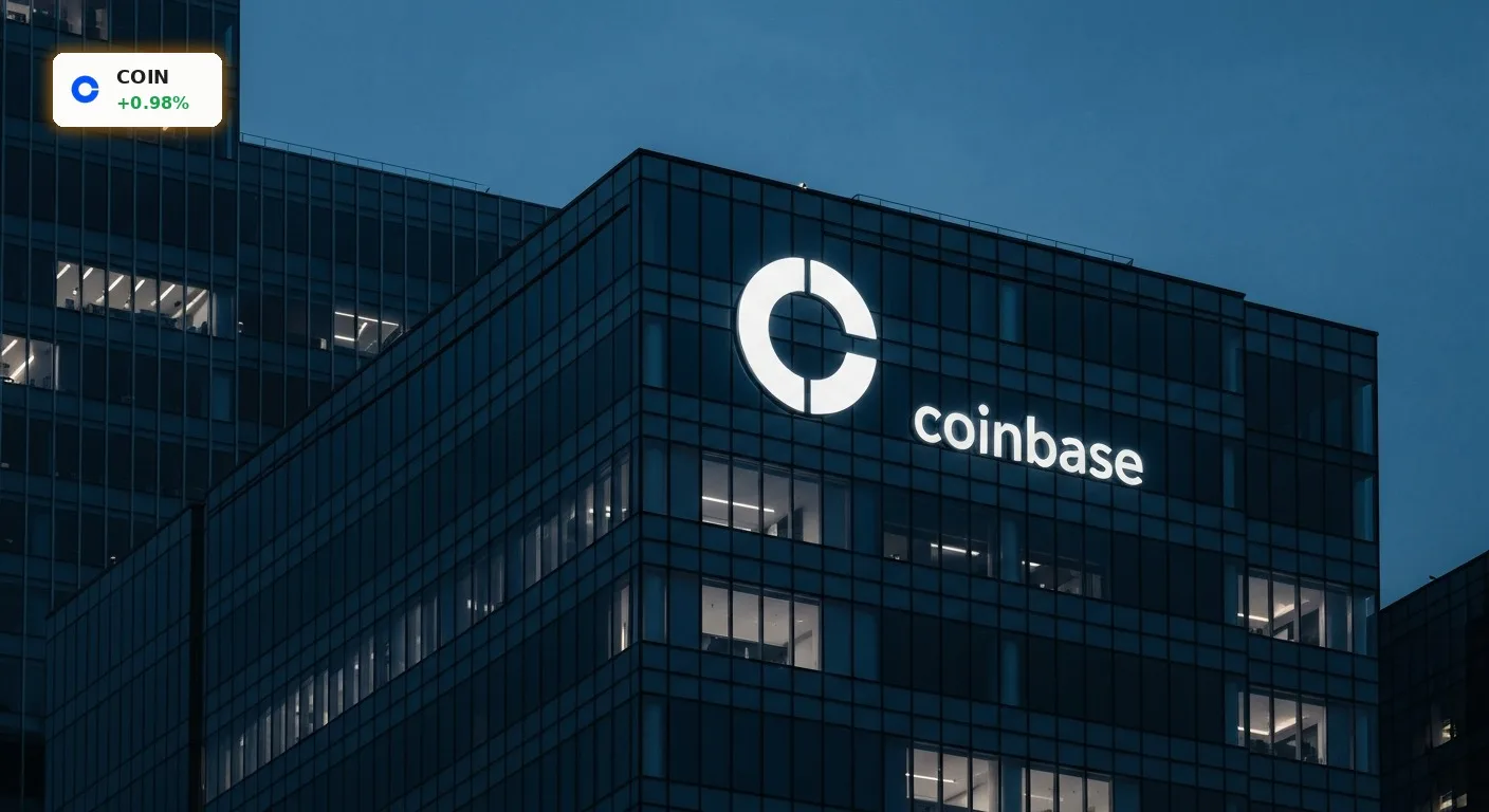 Modernes Bürogebäude bei Nacht mit leuchtendem Logo für das Coinbase Management
