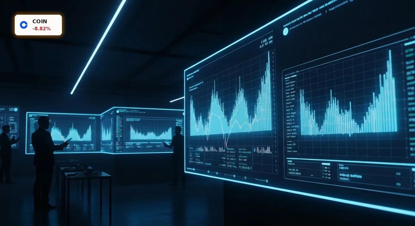 Futuristischer Kryptowährungshandelsraum bei Nacht, der die Volatilität der Coinbase Quartalszahlen symbolisiert.