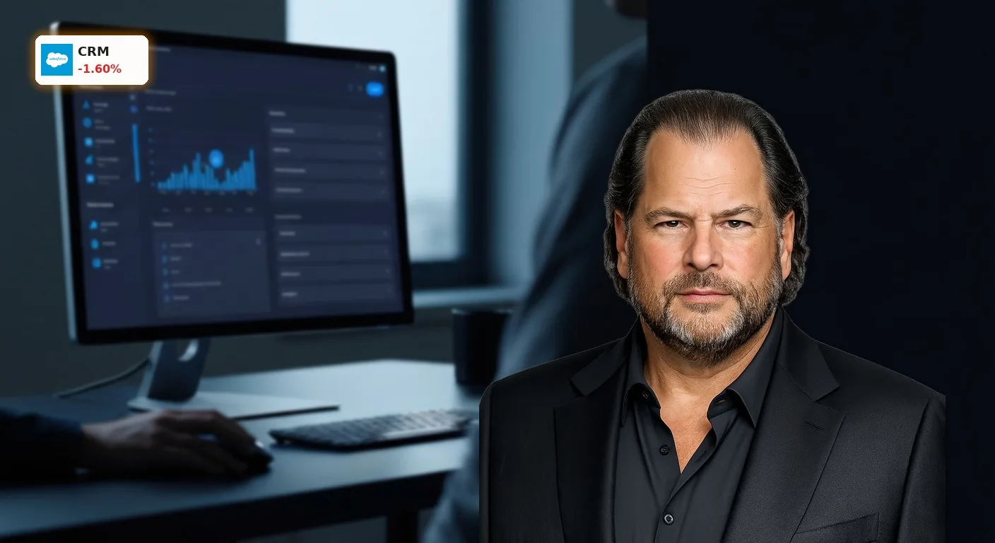 Salesforce Kurs sinkt leicht waehrend die neue KI-Software im Buero auf einem Monitor analysiert wird.