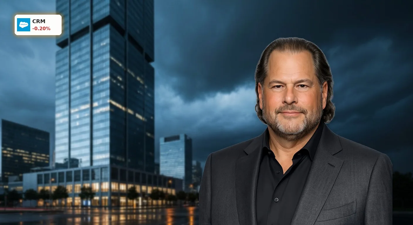 Salesforce Kursverlust: Ein moderner Wolkenkratzer unter dunklen Gewitterwolken symbolisiert den Kurssturz an der Börse.