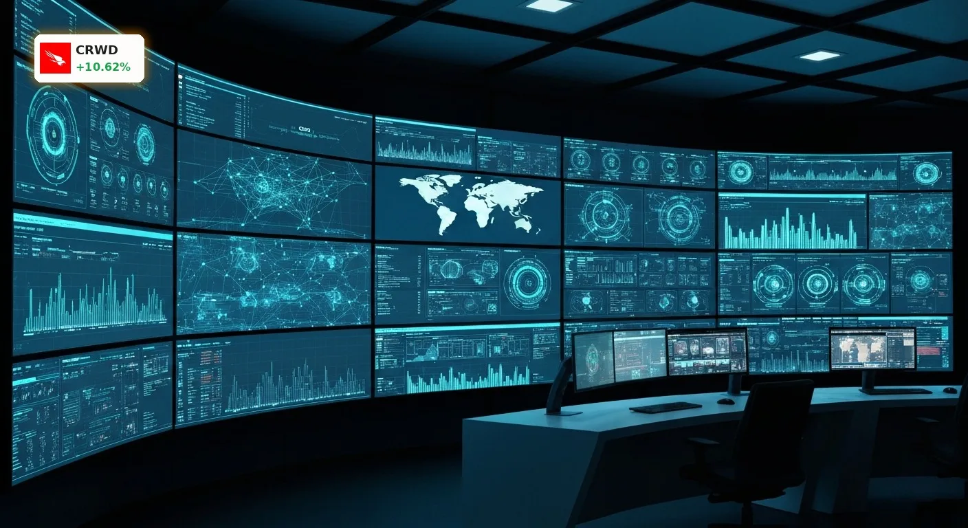 CrowdStrike KI treibt Aktie um 10%: Rekordzahlen befeuern Rallye 3 Modernes Cyber-Security-Center visualisiert den Schutz durch CrowdStrike KI.