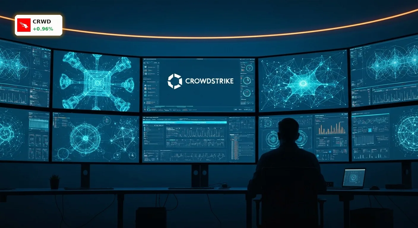 Ein hochmodernes Security Operations Center mit Datenströmen der CrowdStrike KI auf Bildschirmen.