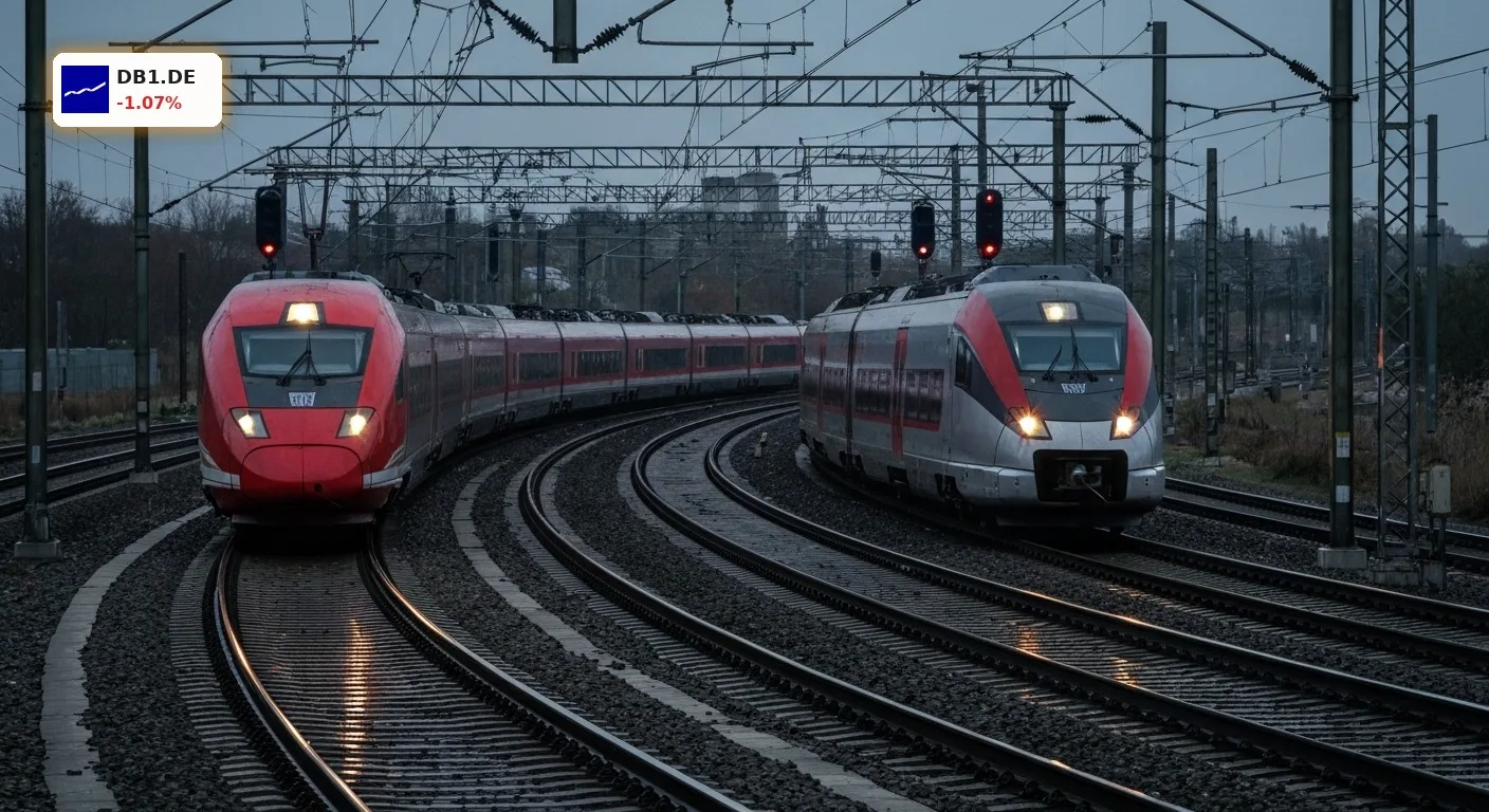Deutsche Bahn Wettbewerb: Warnung vor dem Ende des 95%-Monopols 5 Zwei moderne Hochgeschwindigkeitszüge auf parallelen Gleisen symbolisieren den neuen Deutsche Bahn Wettbewerb ab 2028.