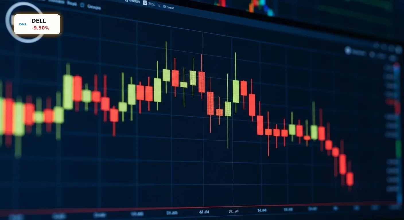 Dell Kursverfall von 9,5%: Enttäuschende Prognose schockt Anleger 4 Dell Kursverfall an der Börse mit fallenden roten Candlesticks auf einem Monitor nach den Quartalszahlen.
