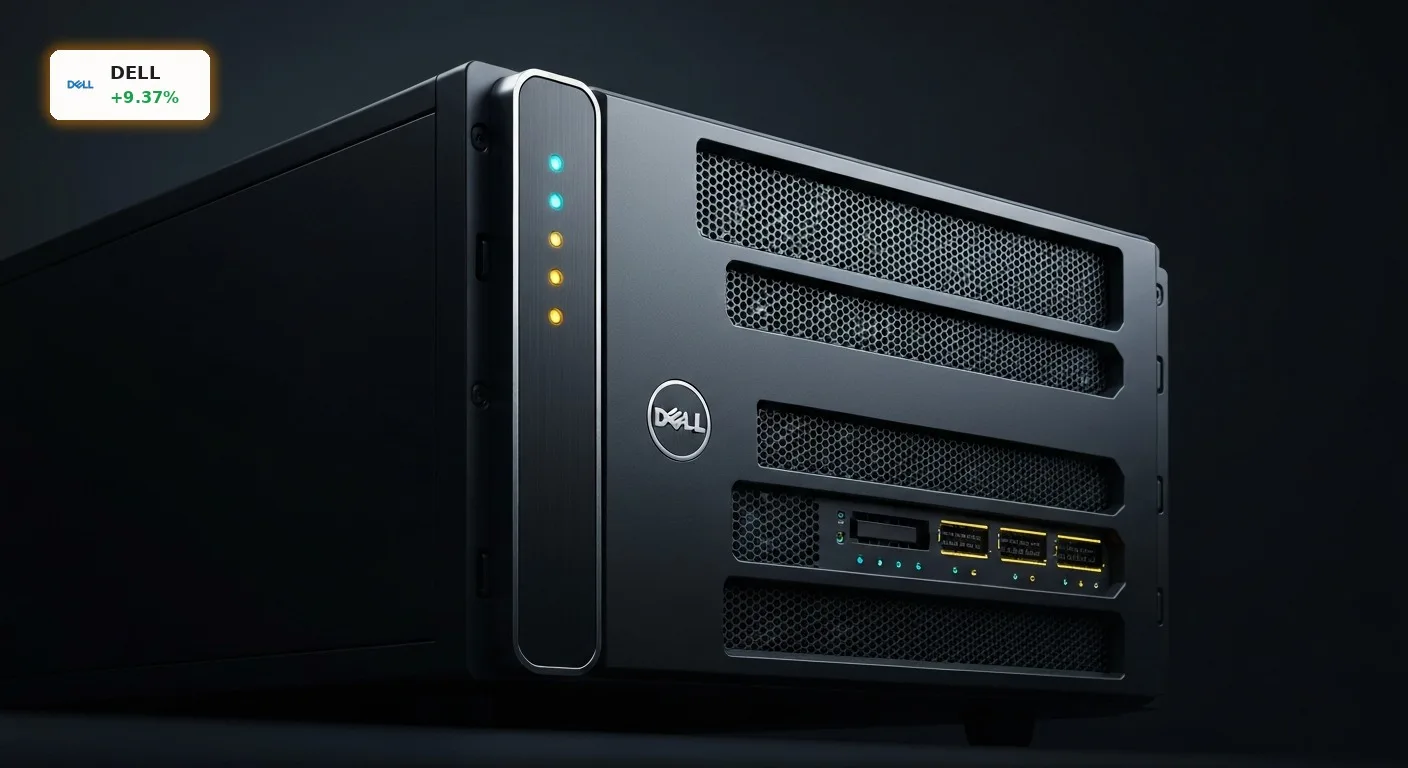 Hochmoderner Dell KI-Server in einem klimatisierten Server-Rack mit blau leuchtenden LEDs.