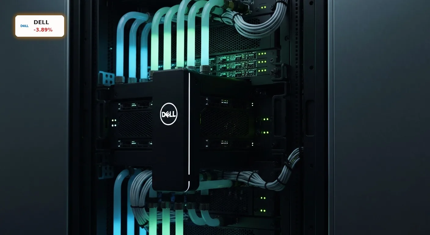 Leuchtende Dell KI-Server im Rechenzentrum nach dem jüngsten Dell Quartal mit Rekordwachstum.