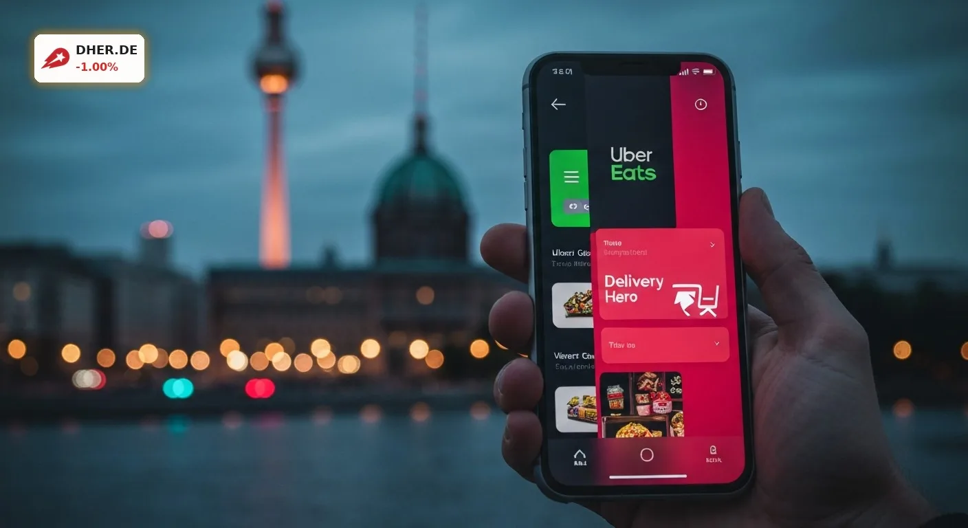Delivery Hero Uebernahme durch Uber mit Smartphone und Berliner Skyline