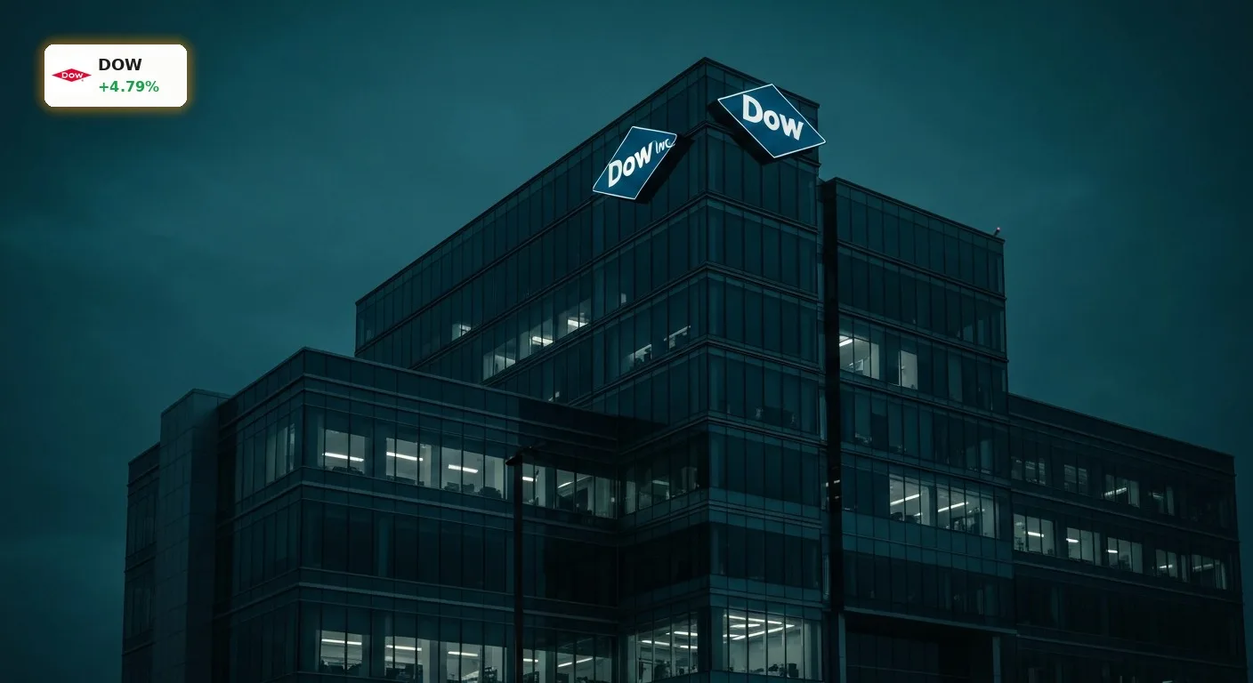 Dow Inc. Ölpreise treiben Aktie um +4,8%: Schiefergas-Boom beflügelt Margen 5 Dow Inc. Ölpreise: HQ-Gebäude bei Dämmerung mit leuchtendem Firmenlogo als Symbol für Wettbewerbsvorteile.