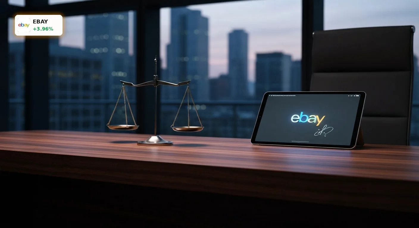 Ein edler Holzschreibtisch mit einer Justitia-Waage und einem Tablet mit eBay-Logo symbolisiert den eBay Vergleich.