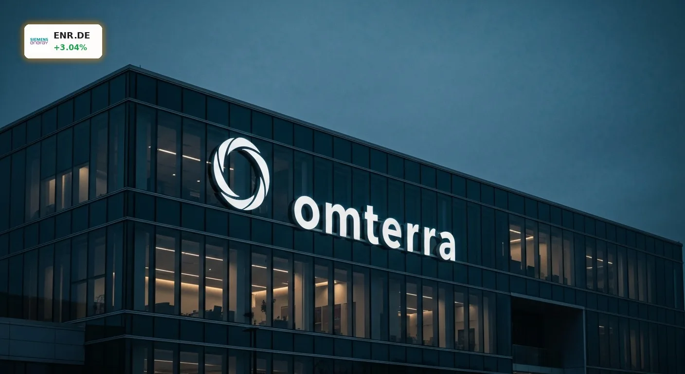 Moderner Wolkenkratzer bei Dämmerung mit dem neuen Omterra Logo nach der Siemens Energy Umbenennung