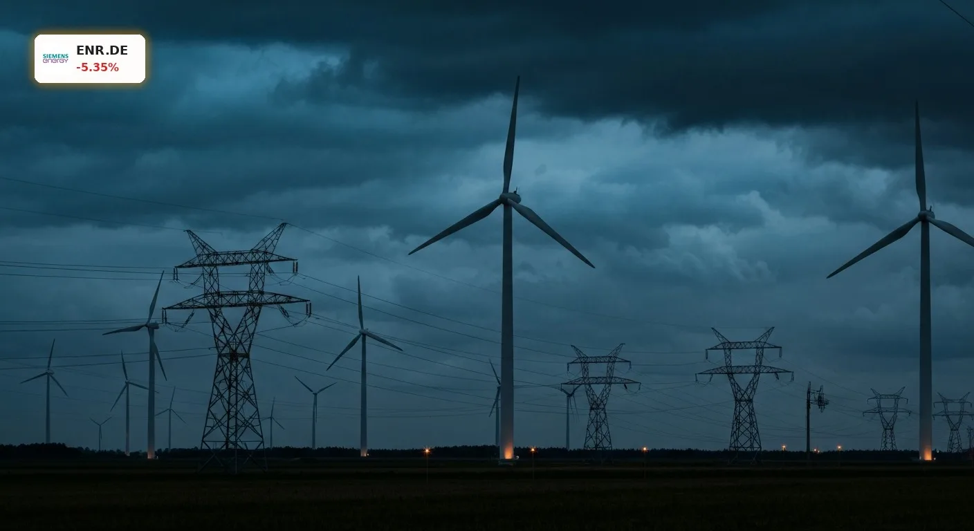 Siemens Energy GE Vernova: 5% Einbruch nach enttäuschenden US-Zahlen 4 Moderne Windkraftanlagen und Strommasten bei Sturm: Siemens Energy GE Vernova im Fokus nach den US-Zahlen.