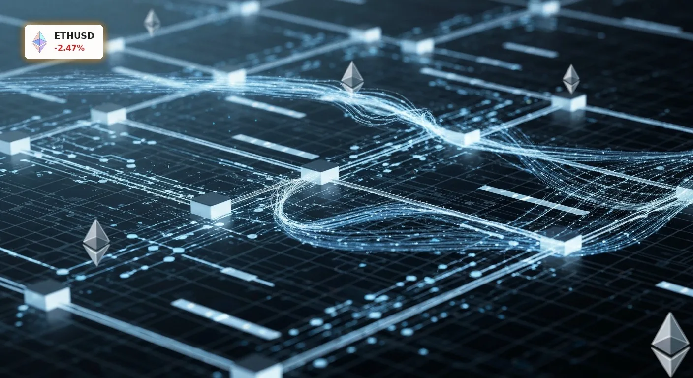 Ethereum Entwicklung: -2.5% Kursrutsch trotz Stablecoin-Dominanz 3 Abstrakte Darstellung der Ethereum Entwicklung mit leuchtenden Blockchain-Verbindungen und Datenflüssen.