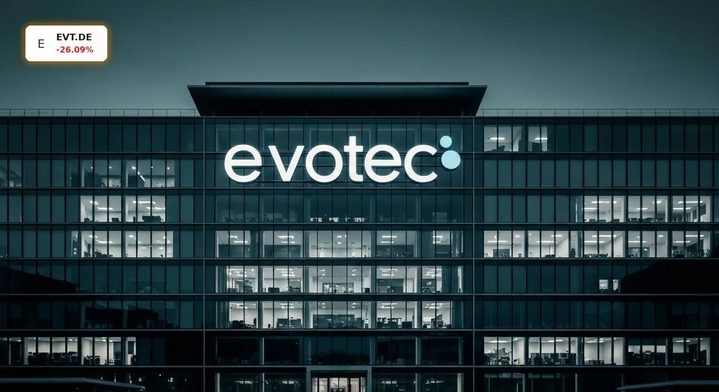 Evotec Prognose kollabiert um 26%: Gewinnwarnung schockiert Anleger 3 Evotec Prognose: Das moderne Firmengebäude der Evotec SE bei Nacht im blauen Licht.