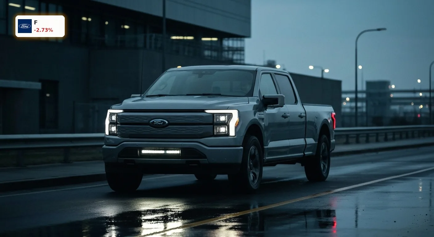 Ford Quartalszahlen: Moderner Ford F-150 Lightning Pickup auf nasser Strasse bei Daemmerung.