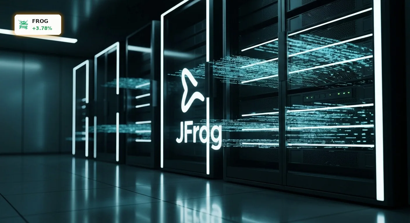Futuristischer Server-Rack mit leuchtenden Datenströmen und JFrog-Logo, symbolisiert JFrog Insiderverkauf im Technologiebereich.