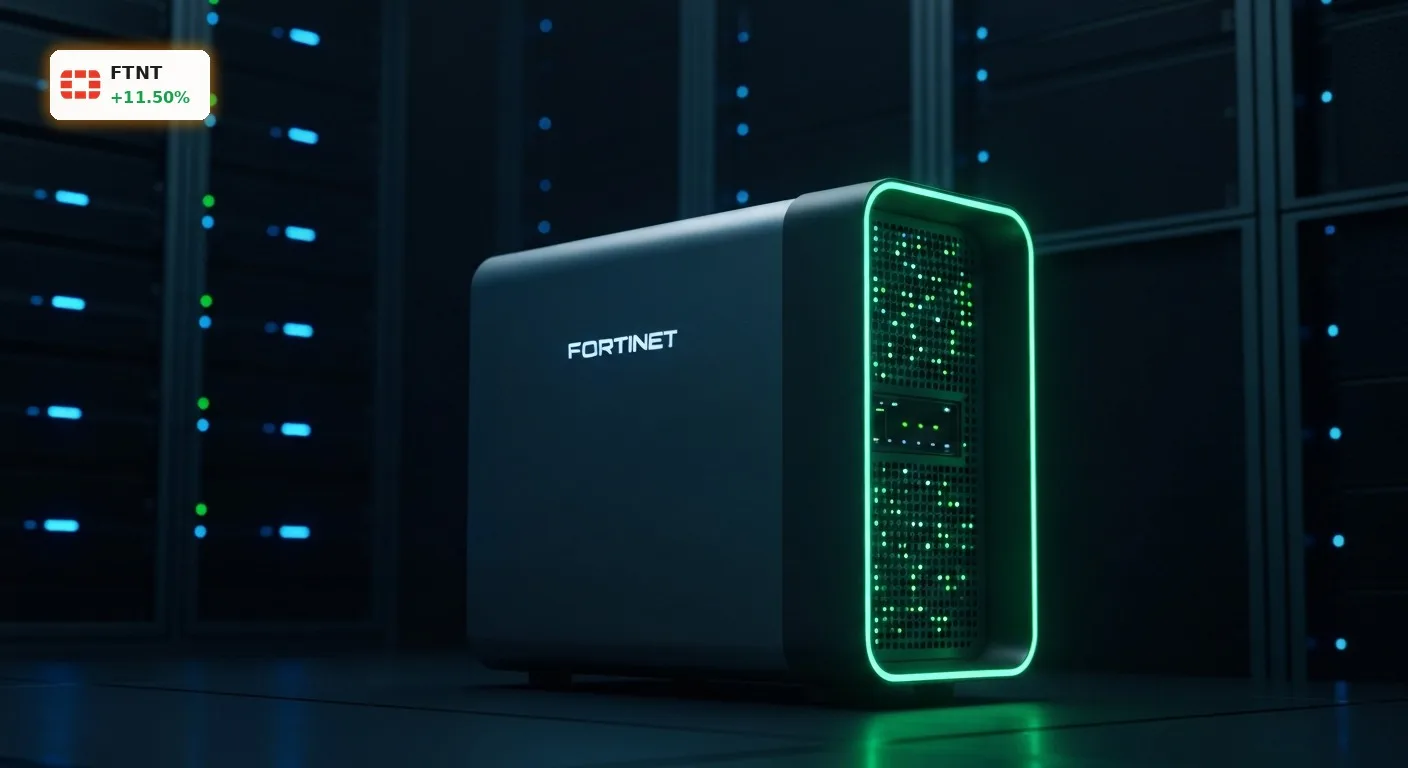 Fortinet Sicherheitsgerät in einem Serverraum, symbolisiert starke Fortinet Quartalszahlen und Cybersicherheit.