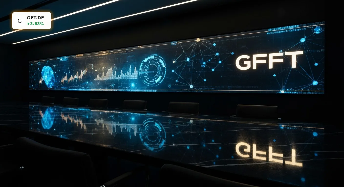 GFT Technologies Stimmrechte Verteilung auf einem digitalen Bildschirm im modernen Finanz-Konferenzraum.