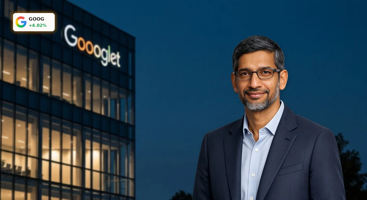 Das beleuchtete Google-Hauptquartier bei Nacht symbolisiert die gigantische Alphabet Kapitalerhöhung.