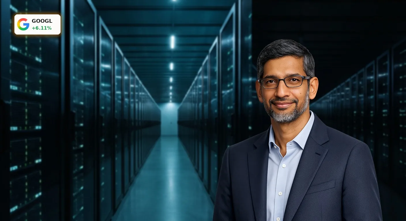 Alphabet Quartal: +6.1% Rallye dank KI-Boom und starkem Cloud-Wachstum 6 Futuristisches Rechenzentrum mit leuchtenden Server-Racks, symbolisiert Alphabets KI-Investitionen und Cloud-Wachstum im Quartal.