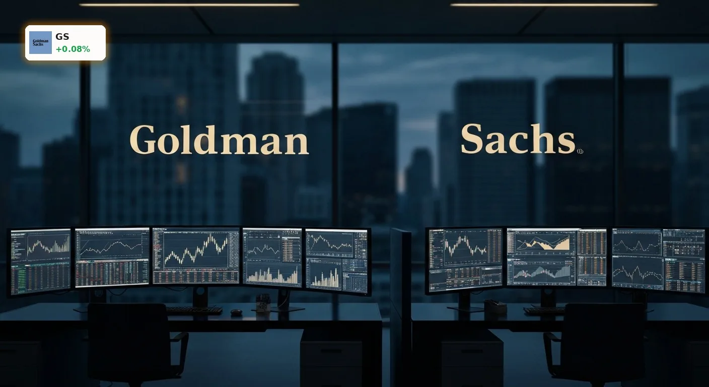 Moderner Trading Floor im Goldman Sachs Quartal mit Aktiencharts auf Monitoren