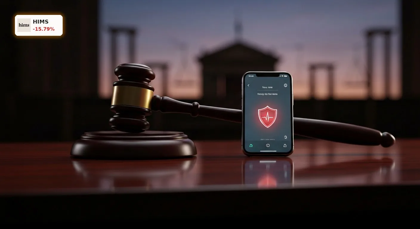 Smartphone mit medizinischer App neben Richterhammer symbolisiert die Hims & Hers FTC Klage wegen Datenschutz.