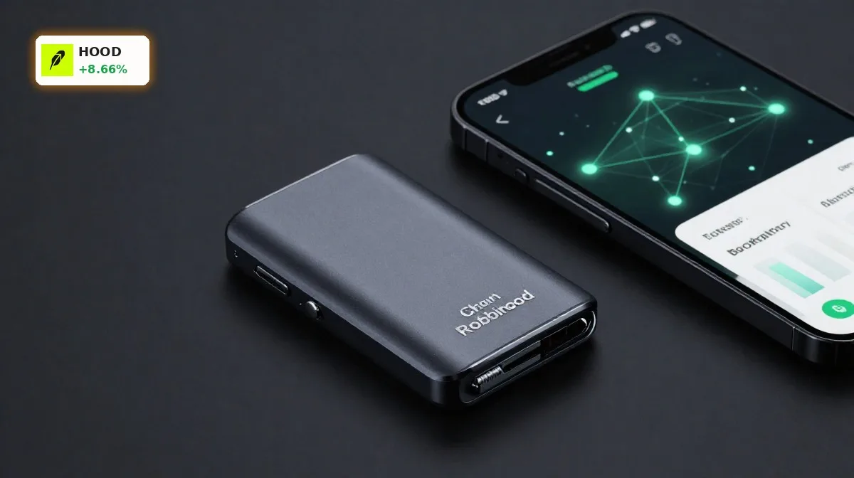 Robinhood Krypto Expansion mit Robinhood Chain und mobiler Trading-App vor dunklem Hintergrund