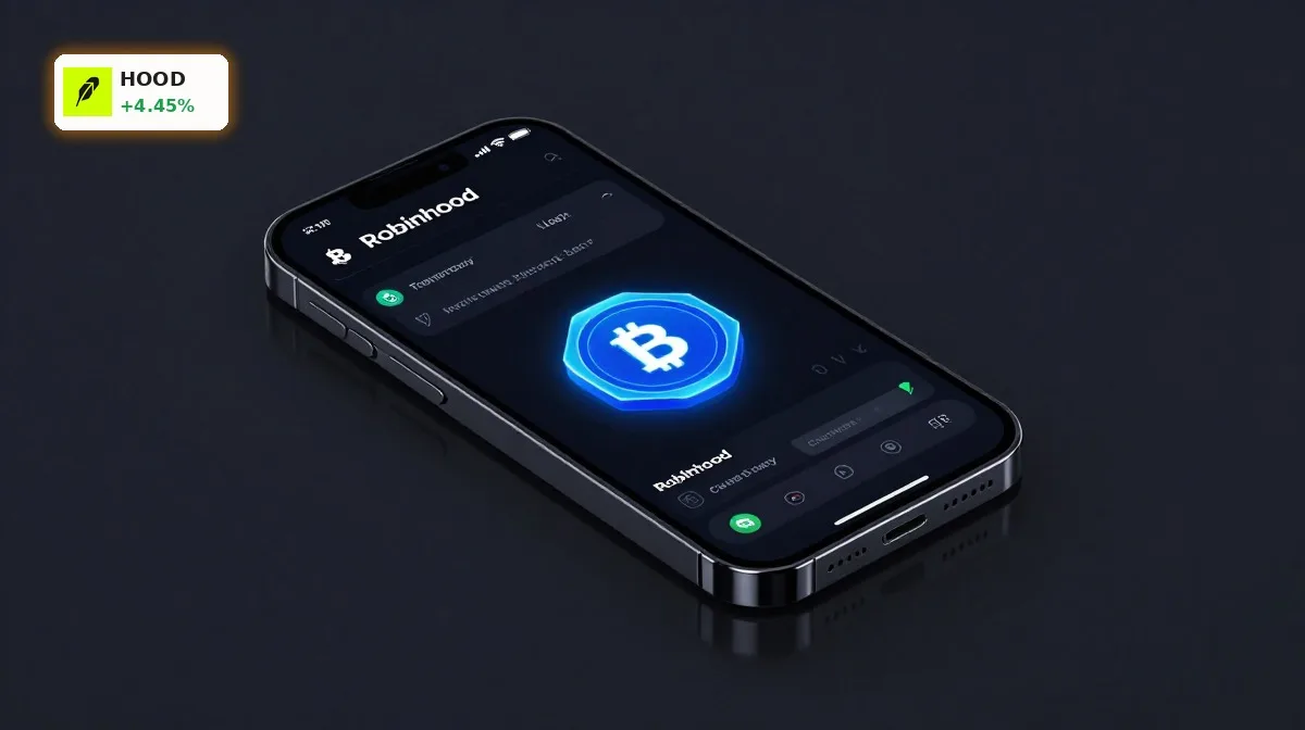 Robinhood Krypto-Offensive +4.5%: Rallye mit DeFi-Plan 6 Robinhood Krypto-Offensive mit Smartphone-App, Token-Aktien und Blockchain-Elementen im Premium-Fintech-Look