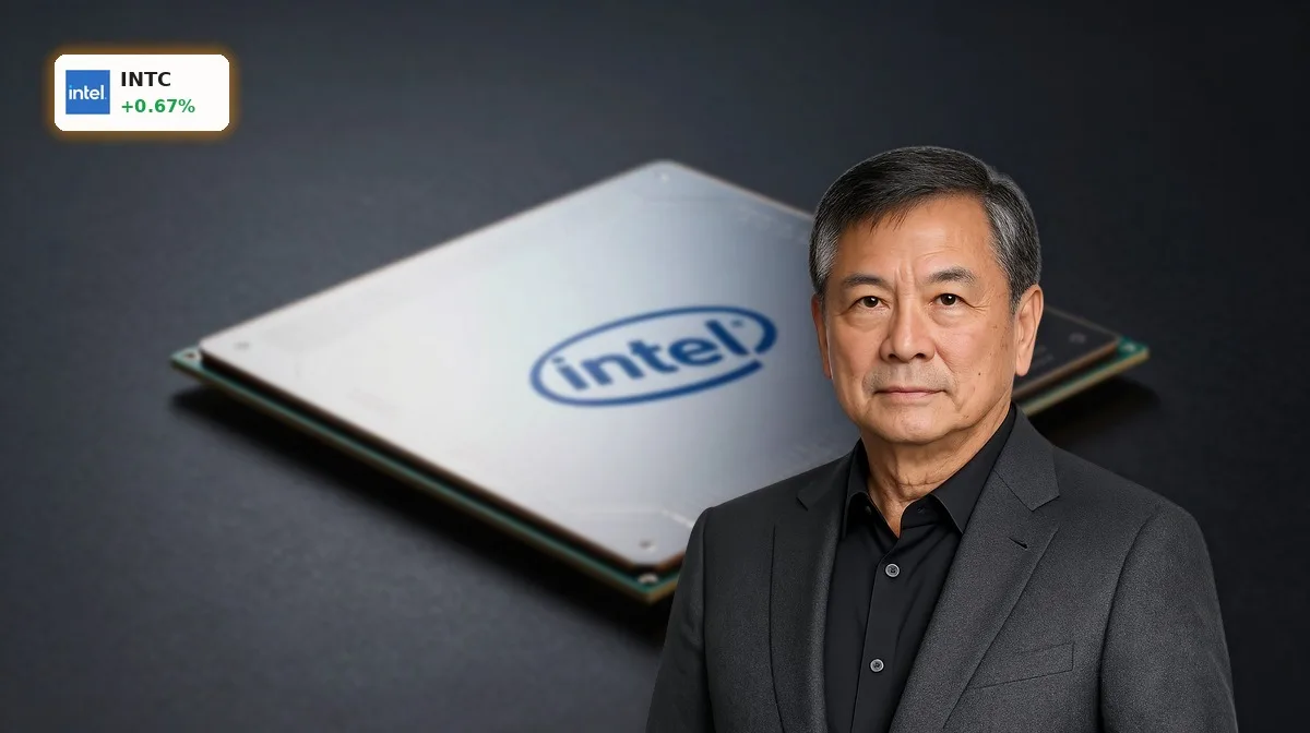 Intel Prognose: Nahaufnahme eines Intel-KI-Chips und Silizium-Wafers vor dunklem Hintergrund