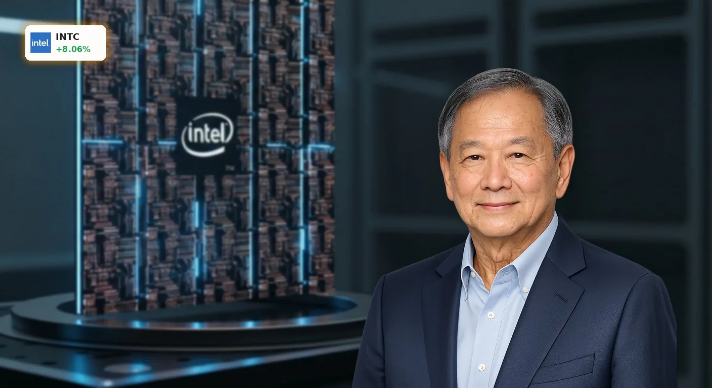 Intel Quartalszahlen treiben Aktie um +8%: Rallye vor den Zahlen 4 Ein hochmoderner Intel Silizium-Wafer vor den Intel Quartalszahlen im düsteren, futuristischen Labor-Design.