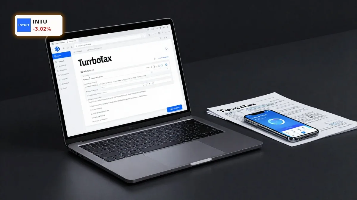 Intuit TurboTax Untersuchung: TurboTax-Software auf Laptop und Smartphone mit Steuerunterlagen im dunklen Setting
