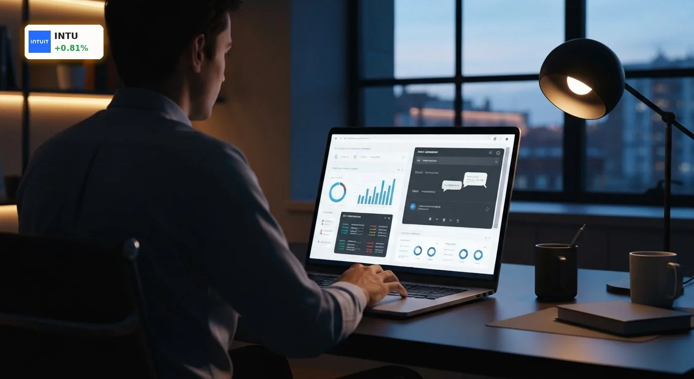Intuit Analystenkommentar: Drastischer Kursziel-Schock auf $427 3 Intuit Analystenkommentar: Steuersoftware auf einem Laptop-Bildschirm in modernem Büro symbolisiert die KI-Transformation.